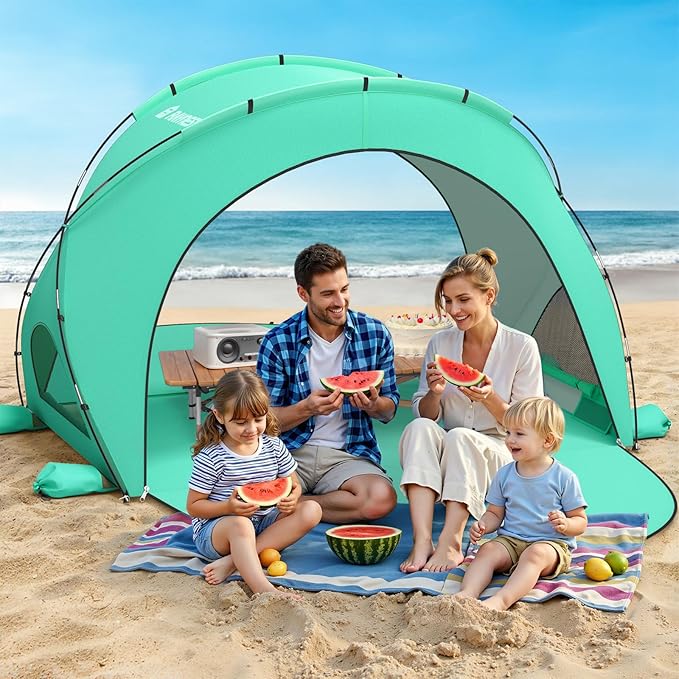 Beach Tent Sun Shelter, Sun Shelter for 1-4 Person, Beach Shade Tent, Beaches Shade with 2 Zippered Doors, Portable Tents for Camping Fishing, Green