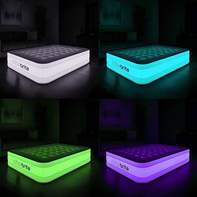 AirCandy Nite Brite Queen Inflatable Air Mattress with LED Lights – 15” Raised Blow Up Bed, USB Powered Color-Changing Glow, Flocked Top, Indoor Guest & Sleepover Bed