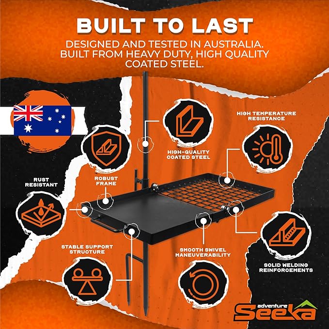 24" Heavy Duty Folding Campfire Grill, Compact Swivel Grill Design, Food-Safe Cooking Surface, Grate & Griddle for Campfire Cooking, Australian Owned