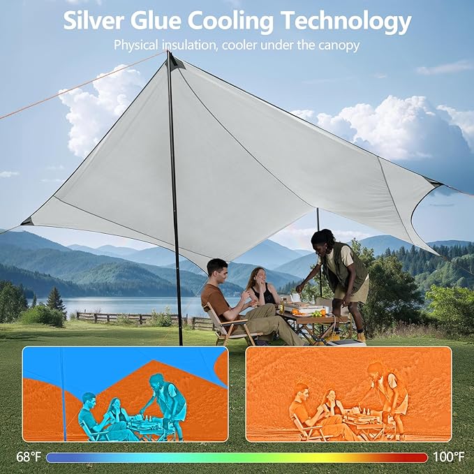 Camping Tarp with Poles & Retainer, 15x12.5FT Waterproof Canopy, 210D Oxford UPF100+ UV Sunshade Shelter, Portable Car Awning for Camping, Picnic, Hammock, Backpacking, Outdoor & Beach (Green)