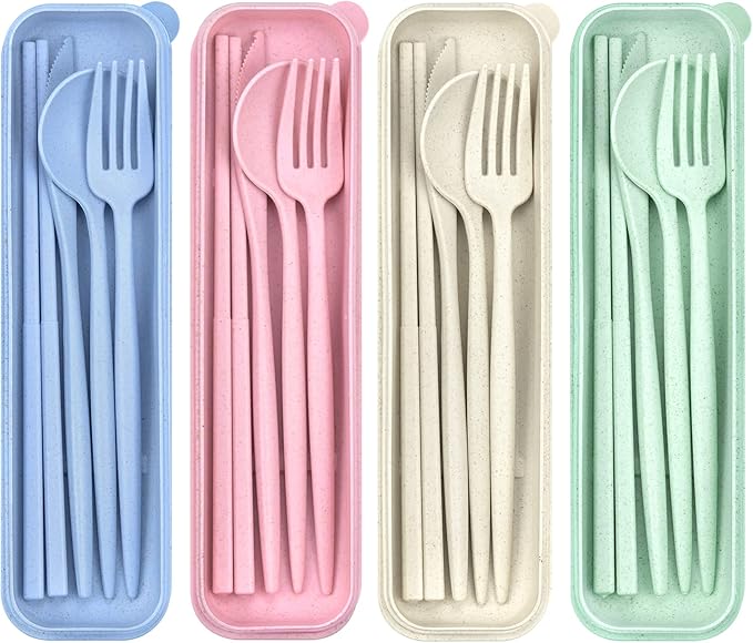 4 Sets Travel Utensils with Case, Cutlery Set Chopsticks Fork Spoon Knife with Case, Reusable Plastic Utensils Sets for Lunch Box Accessories,Portable Lunch Box Utensils Set for Daily Use