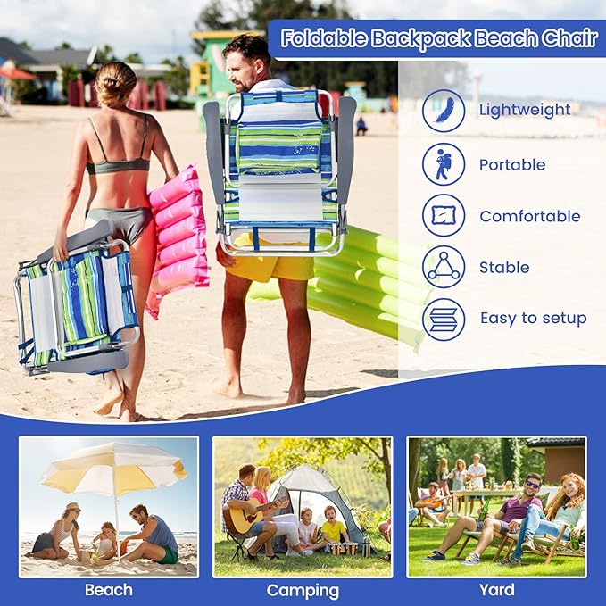 Tangkula Set of 4 Backpack Beach Chair, 5-Position Lay Flat Beach Chairs with Cooler Bag, 2 Cup Holders, Towel Bar, Lightweight Folding Beach Chair with Backpack Straps