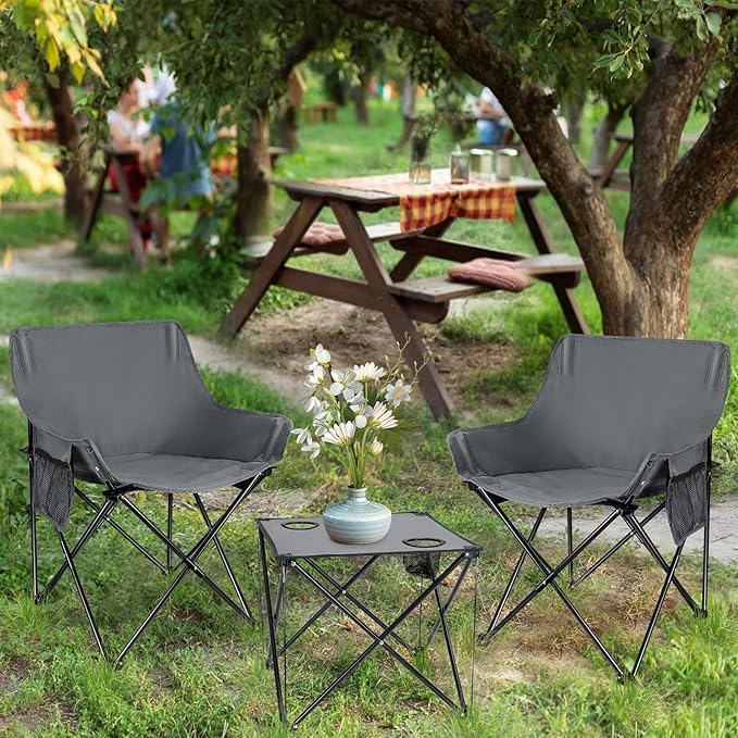 Leonyo Portable Camping Chairs for Adults, 2 Pcs Oversized Lawn Chair with Folding Camping Table for Beach, Picnic, Outdoor Sports, Fishing, Rv Travel – Grey