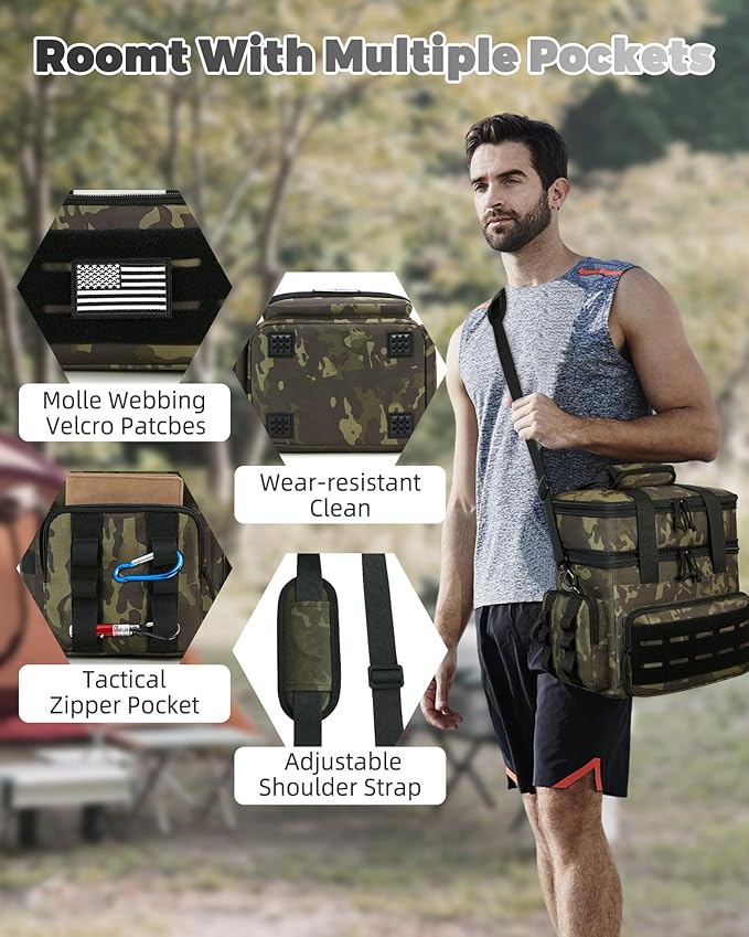Tactical Lunch Bag & Lunch Box for Men - Large Double Deck Expandable Insulated Soft Adult Lunchbox for Work - Cooler Bag for Beach, Picnic, Camping,Outdoor，Travel (Camo,16L)