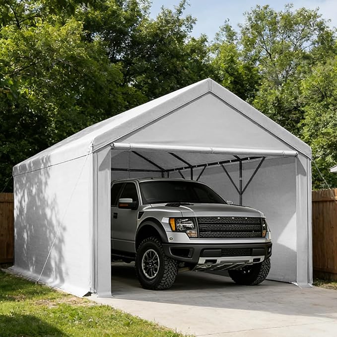 Carport 10x20ft Heavy Duty Canopy,Portable Garage Party Tent,Portable Garage with Removable Sidewalls & Doors All-Season Tarp for Car,Truck,Party White