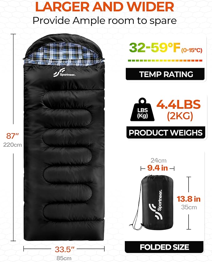 Sportneer Sleeping Bags for Adults, 0 Degree Sleeping Bag XL Flannel Winter Cold Weather Sleeping Bag with Detachable Hood Compression Sack for Camping, Backpacking, Hiking