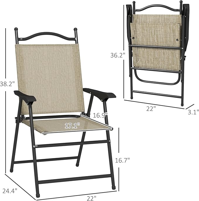 Outsunny Folding Patio Chairs, Set of 4 Sports Chairs for Adults, Camping Chairs with Armrests, Breathable Mesh Fabric Seat for Lawn, Beige