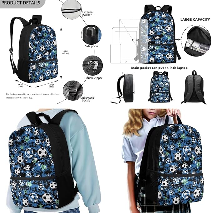 Rnyleeg Soccer Backpack for Boys 6-8 with Lunch Box Novelty Blue Camo Kids Backpack Set Large Capacity Bookbag Set of 3 for Primary School Back to School Supplies