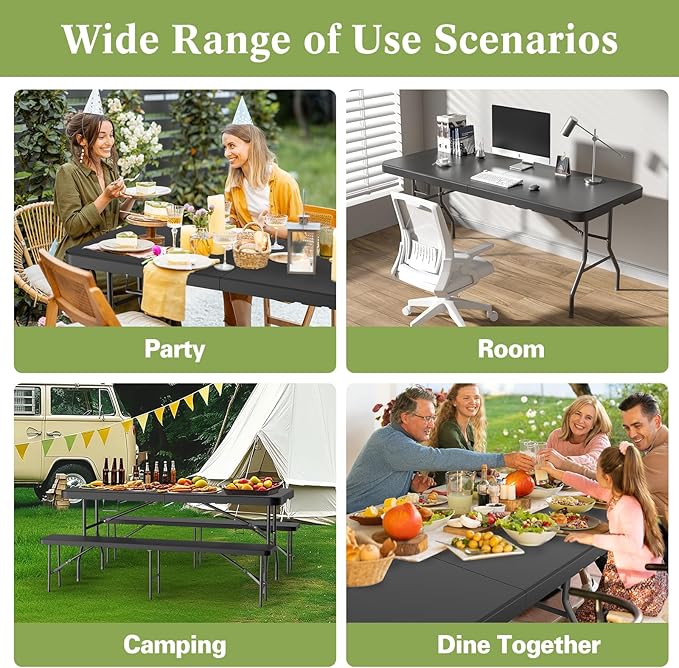 6ft Heavy-Duty Portable Outdoor Folding Table for 6 - Sturdy HDPE Top, 350lbs Capacity, Lockable Design, No Assembly - Camping Parties Picnics (Black)