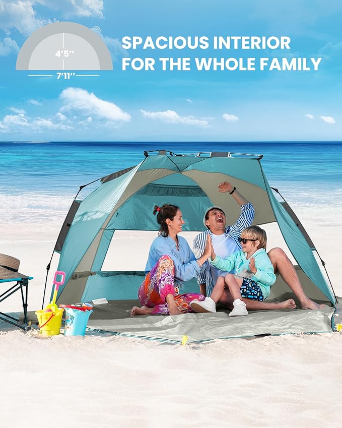 OutdoorMaster Beach Tent Sun Shelter for 3-4 Person, Pop Up Beach Tent Easy Setup with Sandbags, Portable Sun Shade Canopy with Carrying Bag for Beach & Outdoor, UPF50+ UV Protection, Family Size