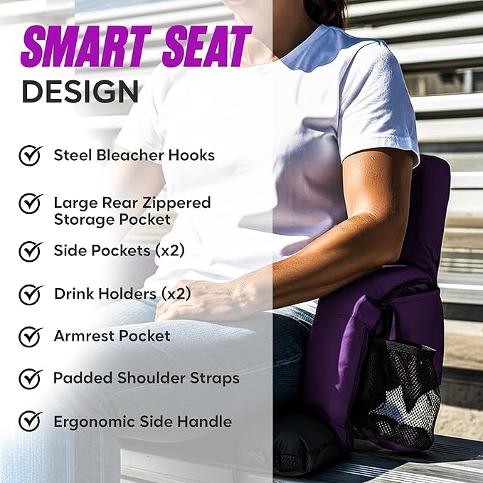 BRAWNTIDE Stadium Seat for Bleachers with Back Support - Wide Padded Reclining Bleacher Seat, Portable Folding Stadium Chair with Armrests, Hooks, Straps, Cup Holders & Pockets for Games & Concerts