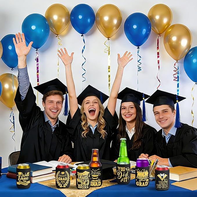 Graduation Can Cooler Sleeves, 18 Pack Black Gold Class of 2026 Neoprene Can Cover 9 Styles of Congrats Grad 12 OZ Drink Beer Soda Beverage for Graduation Party Supplies Gifts