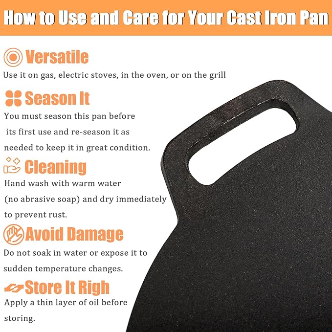Bekith 12-Inch Cast Iron Pan with Taco Holders, Cast Iron Griddle with Dual Handle, Baking Pan for Pizza, Tortillas, Crepe, Dosa, Use in the Oven, on the Stove, on the Grill, or Over a Campfire