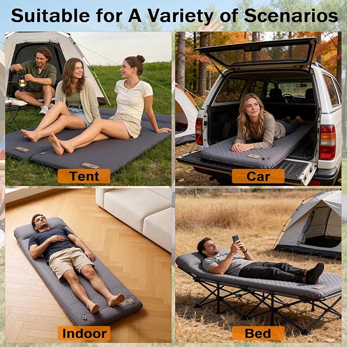 Self Inflating Sleeping Pad with Electric Pump, 3.15" Ultra-Thick Memory Foam Camping Sleeping Pad with Built-in Pillow, 4 Season Camping Mattress Pad, Camping Essentials Gear for Camp Travel Tent Car