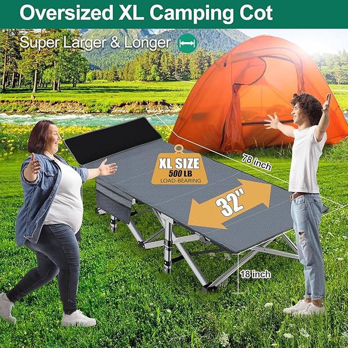 Heavy Duty Camping Cot for Adults with Mattress, 10-Leg Portable Folding Cot Bed, Extra Stable Sleeping Cot for Camping, Travel, Tent & Indoor Guest Use, 500 lbs Capacity (C-Gray&biue)