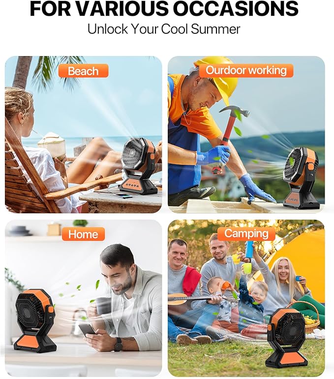Rechargeable Fan Portable-Camping Fans for Tents, 20000mAh Battery Powered Fan Camping Lights with Remote Hook, 4 Timer/4 Speed,Oscillating 45°/90°, Suitable for Personal Office Desk Travel Beach BBQ