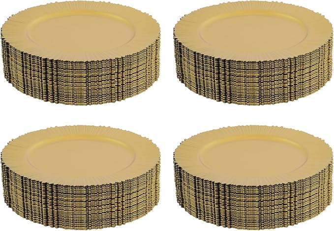 CNCEST 100 Pcs Antique Charger Plates Bulk 13 Inch Plastic Embossed Plate Chargers Round Floral Plates for Wedding Decorative Chargers for Table Dinner Kitchen Party Decoration(Gold,100PCS)