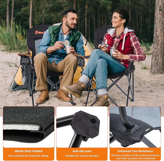 EMERIT Oversized Padded Camping Chair, 350LB Heavy Duty Quad Fold Chair with Arms, Collapsible Outdoor Chairs with Lumbar Back & Cup Holder