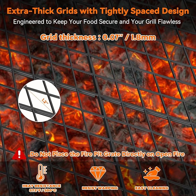 onlyfire Square Fire Pit Grill Grate, Heavy-Duty Steel Grate with Heat-Resistant Coating, Diamond Mesh & X-Marks Design for Outdoor BBQ, Camping, Backyard Gatherings - 36 inch