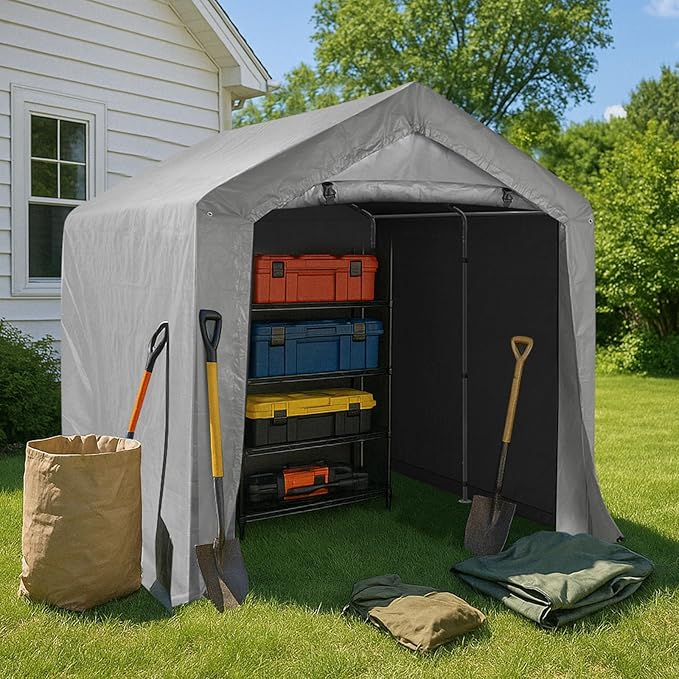 VINGLI Outdoor Portable Storage Shed, Heavy Duty Bike Tent with Roll-up Zipper Door, Waterproof and UV Resistent Carport for Motorcycle, Garden Tools and Firewood (Gray, 8x8x6.7 FT)