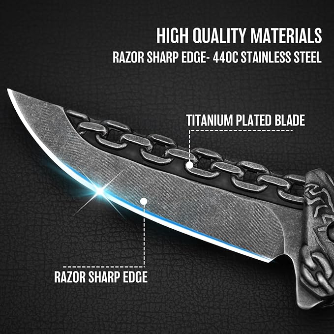 NedFoss Chain Pocket Knife Gifts for Men, Valentines Day Gifts for Him, 3.5 inch Flipper Opening Folding Knives, Cool Knife with 3D Pattern, Camping Hunting Knife Christmas Birthday Gifts For Men Husband Women (Black)