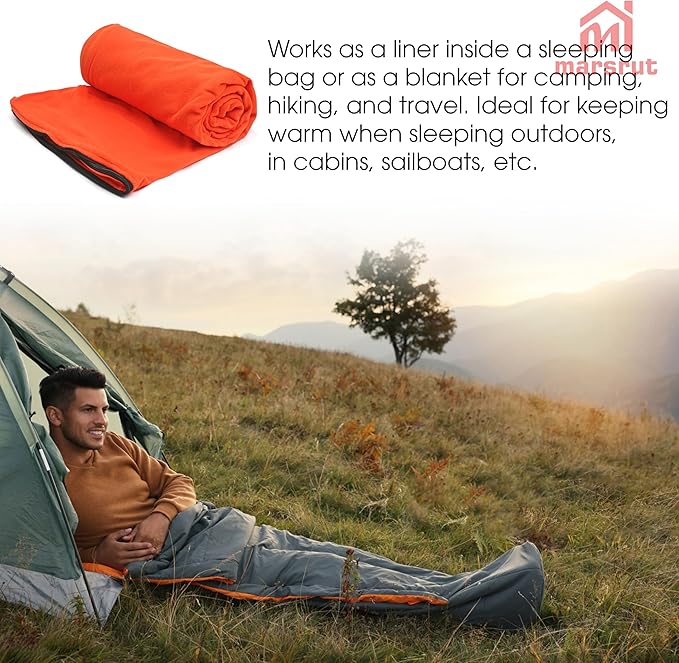 Fleece Sleeping Bag Liner, Cold Weather Blanket, 75 x 31 In, Lined Sack Sleep Travel Sheets with Zipper, Thermal Warmth Pad Lightweight Thin Down Insert Bags for Adults Camping Winter Unisex (Orange)