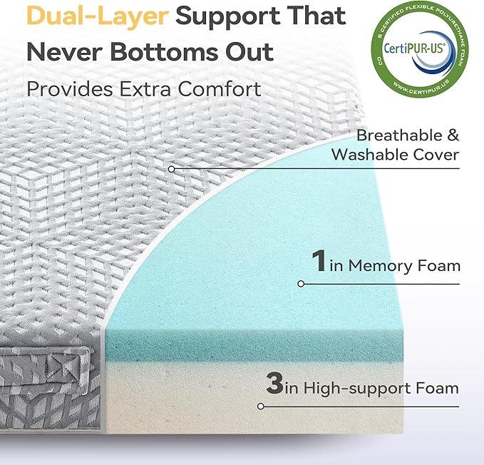 BDEUS Memory Foam Folding Mattress 4 Inch Cot Size with Protable Storage Bag, Trifold Mattress Topper Soft Guest Bed Floor Mat for Kids Camping Road Trip, Gray, 31 x 75 Inch