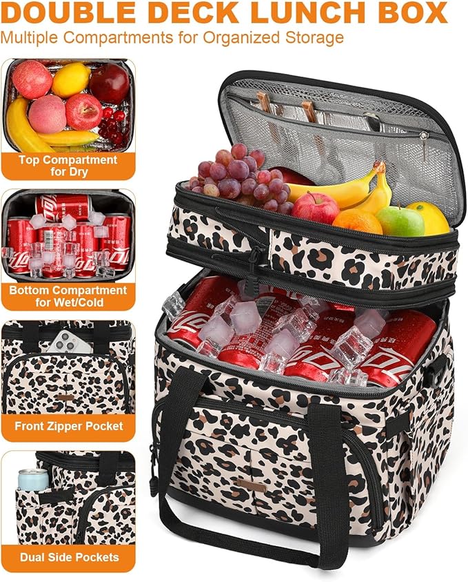 Lunch Box For Men Women Double Deck Insulated Lunch Bag For Men Woman Leakproof Expandable Cooler Bag with Adjustable Shoulder Strap for Work Picnic School(Leopard,Medium)