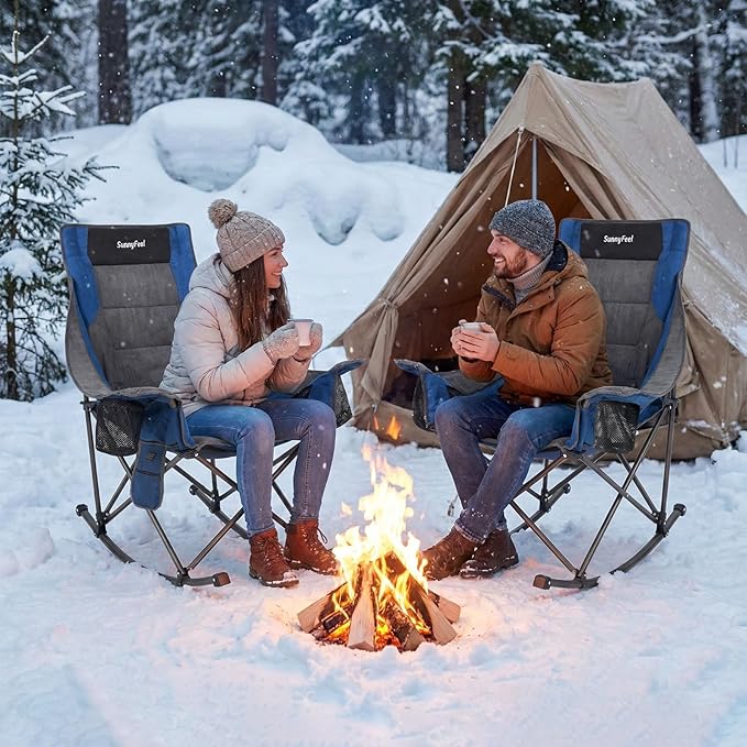 SUNNYFEEL Heated Rocking Camping Chair 2 Pack Fully Padded Patio Folding Chair Portable Oversized Outdoor Rocker High Back Lawn Recliner with Side Pocket Camp Rocker Chairs for Adults 500 LBS Blue
