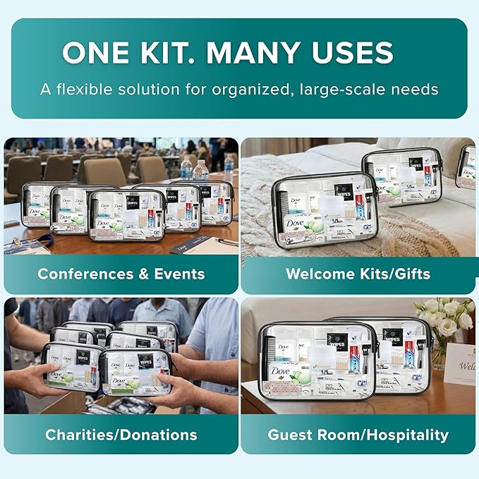 TrekTote Complete 15 Piece Unisex Travel Hygiene Kit with Toiletries & Personal Care Essentials, TSA-Compliant, Individually Packaged in Clear Bag, Single or Bulk Packs