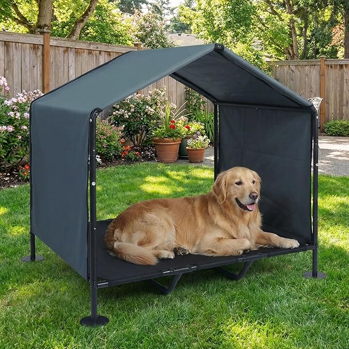 Outdoor Dog House for Large Dogs, Raised Dog Bed with Removable Waterproof Shade Cover, Portable Pet Shelter for Camping, Patio & Yard