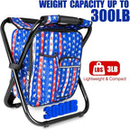 Kikerike Backpack Stool Cooler Chair Heavy Duty 300 LBS Max Load Portable Lightweight Stool Backpack Folding Fishing Cooler Seat for Camping Hunting Fishing - American Flag