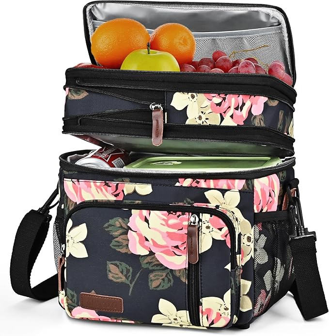 MIYCOO Lunch Bag & Lunch Box for Women Men, Double Deck Leakproof Insulated Soft Large Adult Camping Cooler bag for Work, Beach, Picnic, Travel (Flower, 15L)