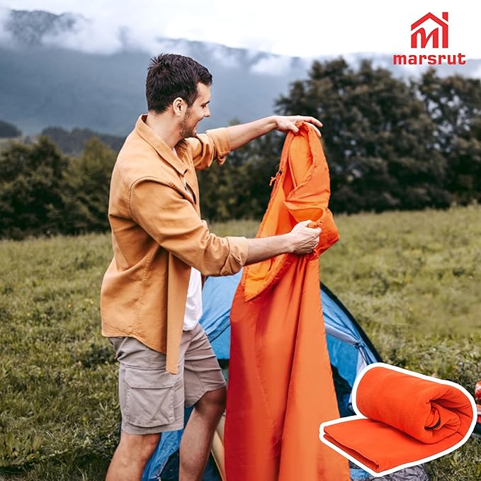 Fleece Sleeping Bag Liner, Cold Weather Blanket, 75 x 31 In, Lined Sack Sleep Travel Sheets with Zipper, Thermal Warmth Pad Lightweight Thin Down Insert Bags for Adults Camping Winter Unisex (Orange)