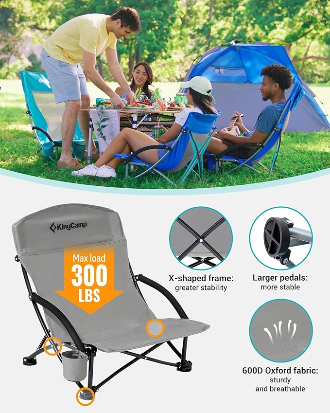KingCamp Low Beach Chairs, Folding Portable Chair for Adults Lightweight Extra Wide Seat 300lbs Heavy Duty Oversized Backpack, Carry Bag for Camping
