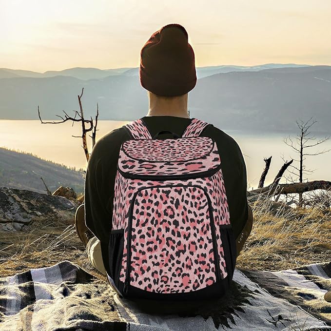 Leopard Pink Cooler Backpack Insulated Waterproof Leak Proof Beach Cooler Bag Lightweight Lunch Picnic Camping Backpack Cooler for Men and Women