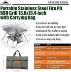 CAMPINGMOON Portable Campfire BBQ Grill 14 Inch Stainless Steel Folding Fire Pit Wood Burning Adjustable Height Outdoor Cooking RV Camping Carry Bag MT-2
