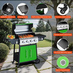 4-Burner Propane Gas Grill with Side Burner, 50,000 BTU Outdoor Gas BBQ Grill with Stainless Steel Grates and Side Tables for Outdoor Cooking Kitchen, Patio and Backyard, Green
