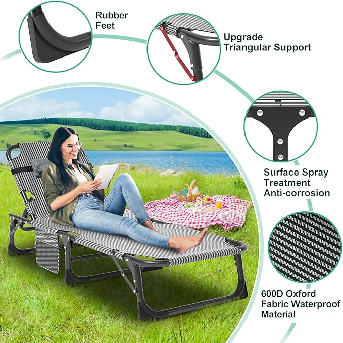LILYPELLE Folding Outside Chaise Lounge Chair with Mattress, 5 Position Adjustable Patio Reclining Chairs Perfect for Outside, Sunbathing, Camping, Pool, Beach, Cool Blue