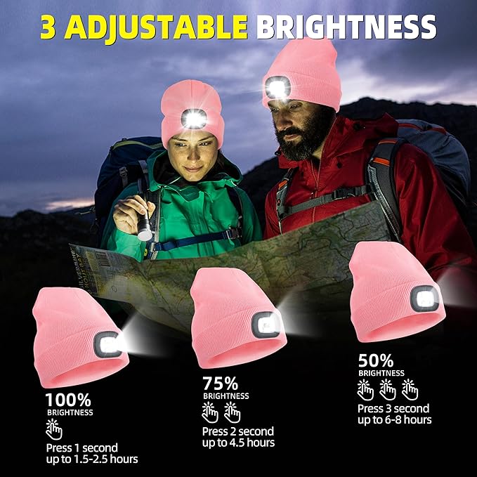 YMHB Unisex Beanie Hat with Light, USB Rechargeable LED Headlamp Hat Night Light Cap Christmas Stocking Stuffers Gifts for Men Dad Father Husband (Pink)
