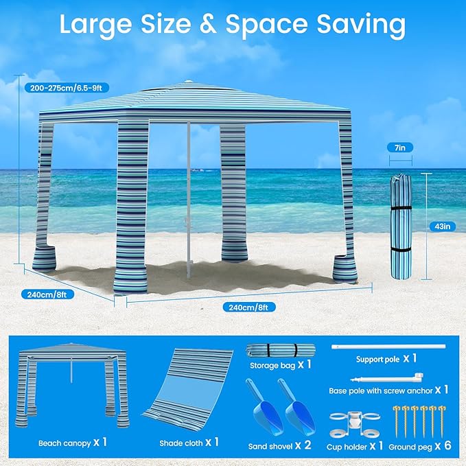 MoKo Beach Cabana, 8'×8' Large Beach Canopy with Side Wall, UPF 50+ Protection Easy Setup Beach Tent Sun Shelter, Adjustable Height Wind Resistant Cabana Beach Tent for Whole Family, Blue-Green Stripe