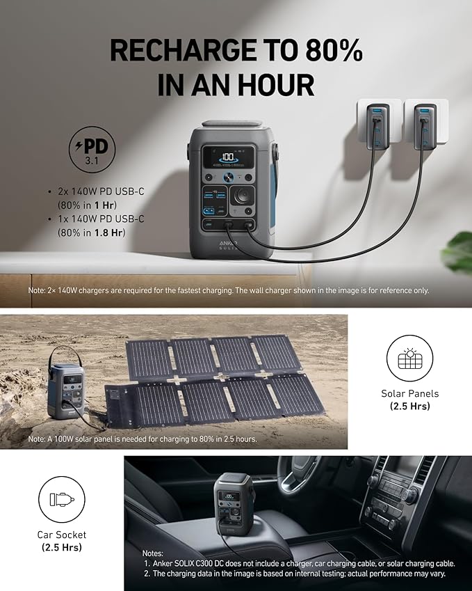 Anker SOLIX C300 DC Power Bank Station with Car Charging Cable, Outdoor 288Wh, Portable Power Station, LiFePO4 Battery, 300W Solar Generator, for Camping, Traveling, and Emergencies