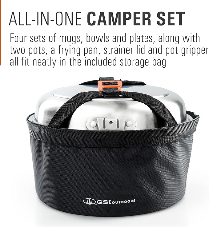 GSI Outdoors Glacier Stainless Camper 4 Person Packable Cookware & Dinnerware Set for Camping or Backpacking