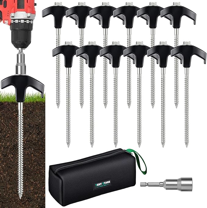 8" Heavy Duty Screw in Tent Stakes, Metal Camping Stakes, Drill-In Ground Anchor, Threaded Stakes for Canopies, Gardening, Yard Inflatables, with Hex Socket and Storage Bag (12, Black)
