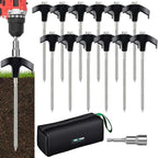 8" Heavy Duty Screw in Tent Stakes, Metal Camping Stakes, Drill-In Ground Anchor, Threaded Stakes for Canopies, Gardening, Yard Inflatables, with Hex Socket and Storage Bag (12, Black)