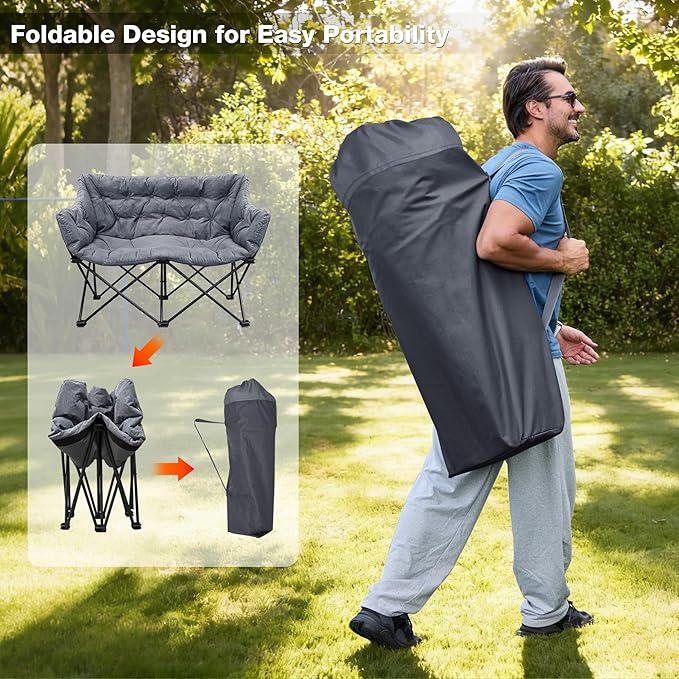 Double Camping Chair Heavy Duty Oversized Padded Loveseat for Adults 2 Person Outdoor Portable Camping Chairs for Lawn, Backyard, Fishing, Trip, Support 600lbs, Grey