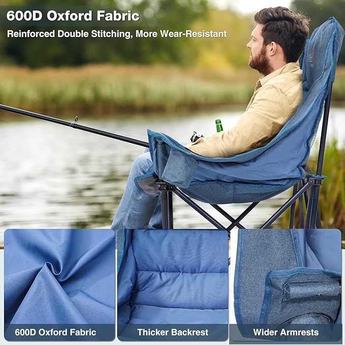 2 Pack Oversized Camping Chair, Portable Folding Padded Camp Chairs with Side Pocket, Cup Holder, Heavy Duty Support 500LBS Outdoor Lounge Chair for Adults, Fishing, Sports, Navy Blue