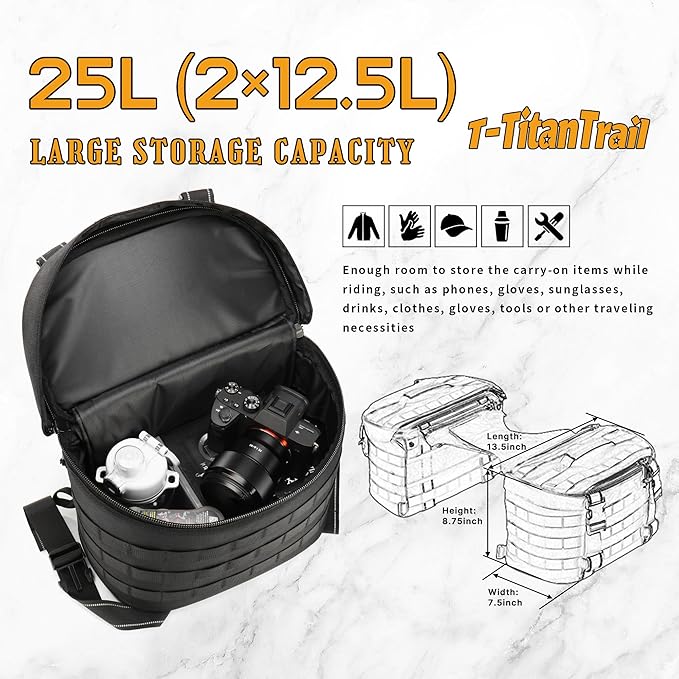 Motorcycle Saddlebags 25L Universal Throw Over Saddle Bags Waterproof Large Capacity Duffle Gear Organizer for Camping Trip Travel Outdoor with Raincover, Black