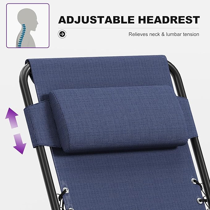 PURPLE LEAF Outdoor Reclining Chair Patio Zero Gravity Chaise Lounge Folding Chair with Removable Cushion Adjustable Headrest for Lawn Camping Beach Pool Navy Blue