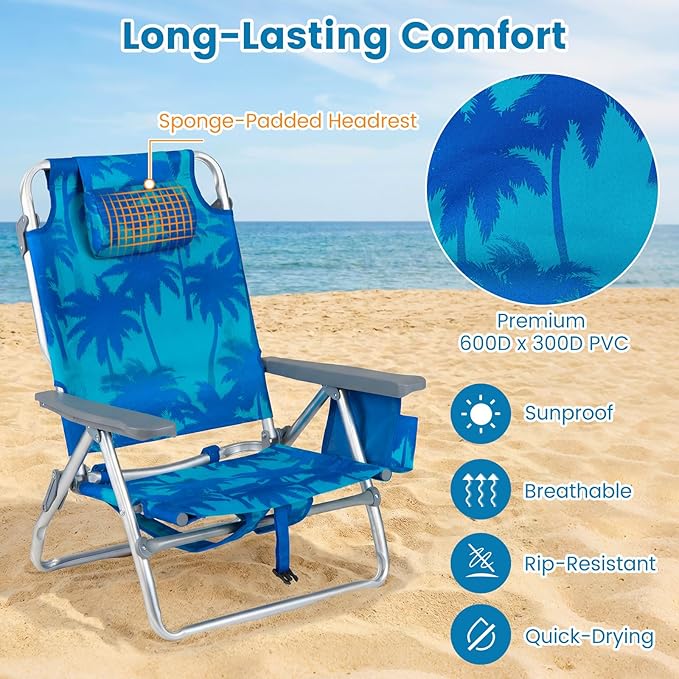 Goplus Beach Chair, Folding Backpack Beach Chairs for Adults with 5 Positions, Head Pillow, Cooler Bag, Towel Bar, Cup Holders, Sunbath Sling Tanning Lounge, Foldable Layout Camping Chairs